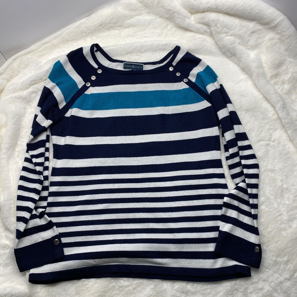 Karen Scott Sweater L Large Navy Blue White Striped Nautical Button Shoulder Top